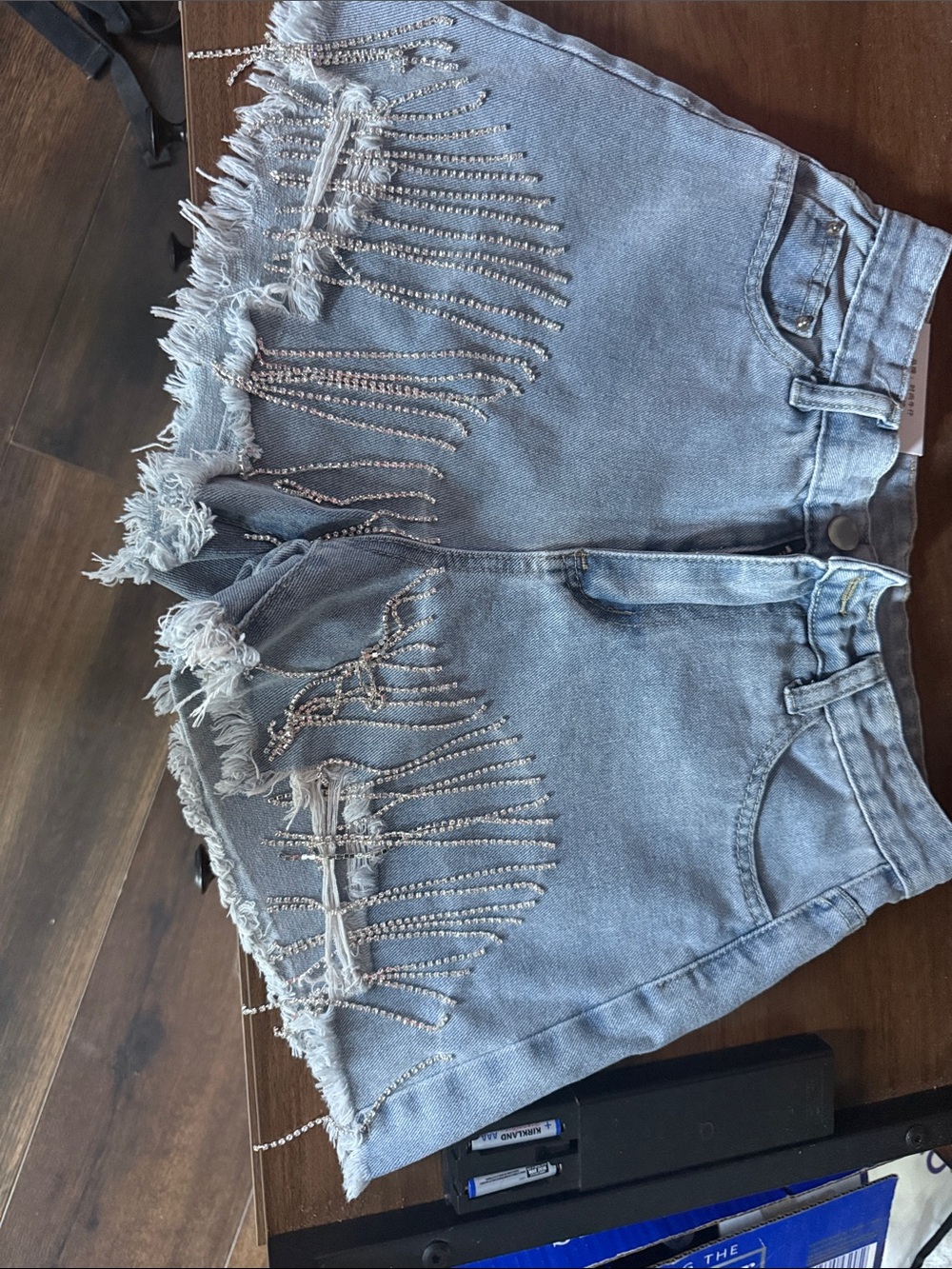 SHEIN Light Blue Denim Shorts with Rhinestone Fringe